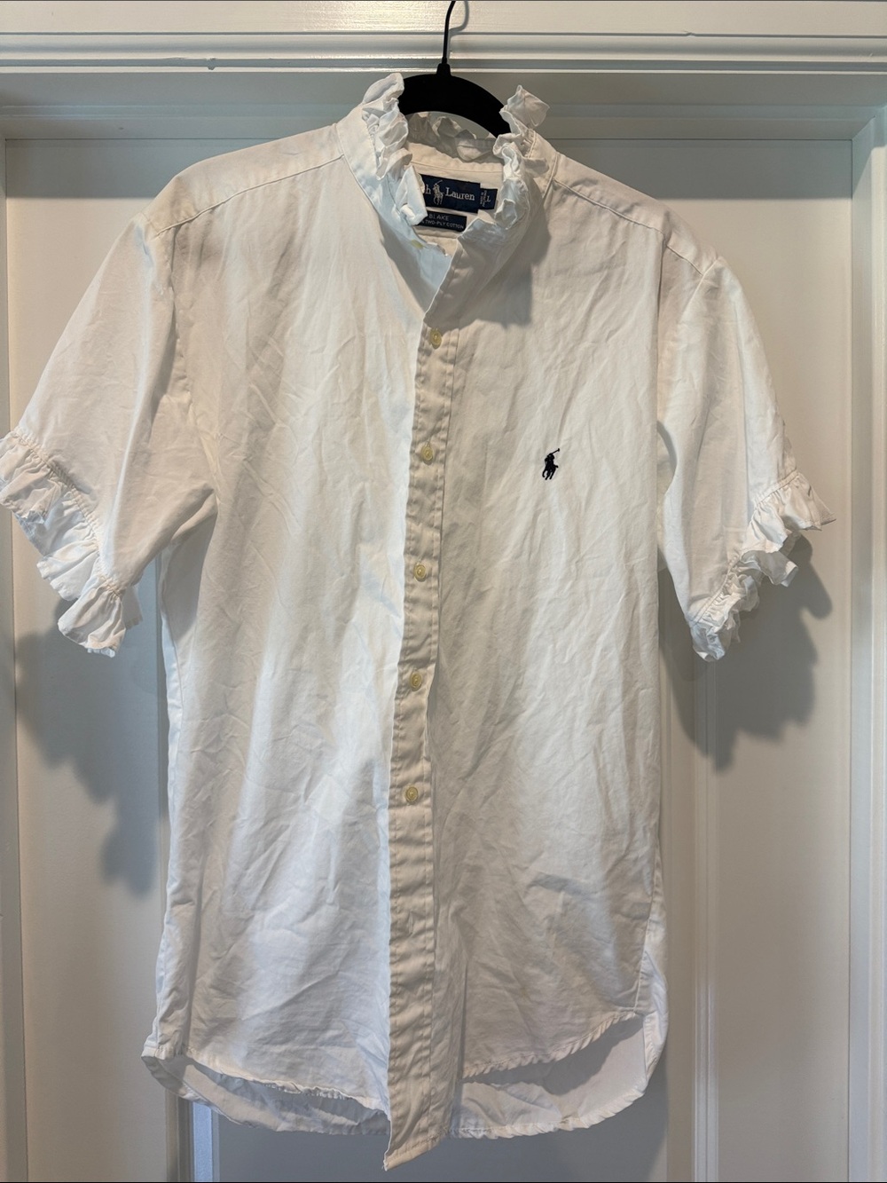 Ralph Lauren White Short-Sleeve Ruffle Button-Down Shirt